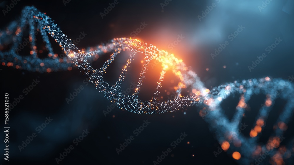 Poster illuminated conceptual dna structure, digital representation of genetic code and biological informat