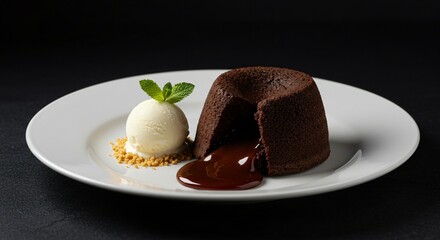 Delicious chocolate lava cake dessert with vanilla ice cream on a white plate