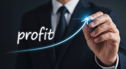 A businessman draws an upward arrow symbolizing profit growth on a dark background