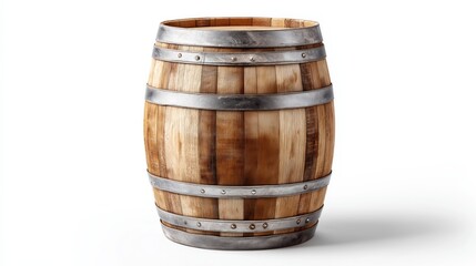 Obraz premium Classic upright wooden barrel with metal rings standing on white background symbolizing traditional beverage storage and cooper craftsmanship, Generative AI
