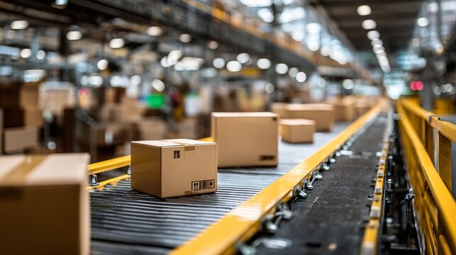 Order fulfillment process showing cardboard boxes moving on an automated conveyor belt, within a bustling warehouse environment.
