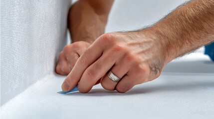 Closeup of a male hand with wedding ring using a scraper tool to apply wallpaper smoothly at corner during renovation, Generative AI