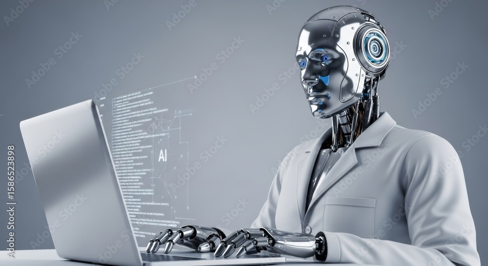 Aufkleber a silver robot in a lab coat works on a laptop with ai code on the screen