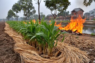 Dry husk fire in paddy field high resolution picture