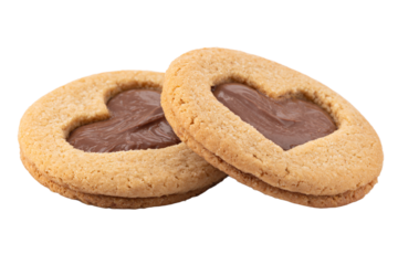 two cookies with chocolate frosting in the shape of hearts