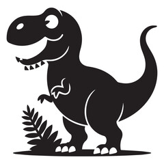 Obraz premium A cheerful black silhouette of a cartoon tyrannosaurus rex dinosaur standing next to a green fern plant on a white background