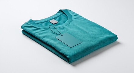 Folded teal t-shirt with tag on a white surface.