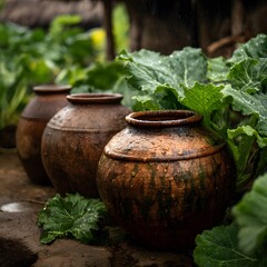 Earth tone jars in village garden high resolution picture