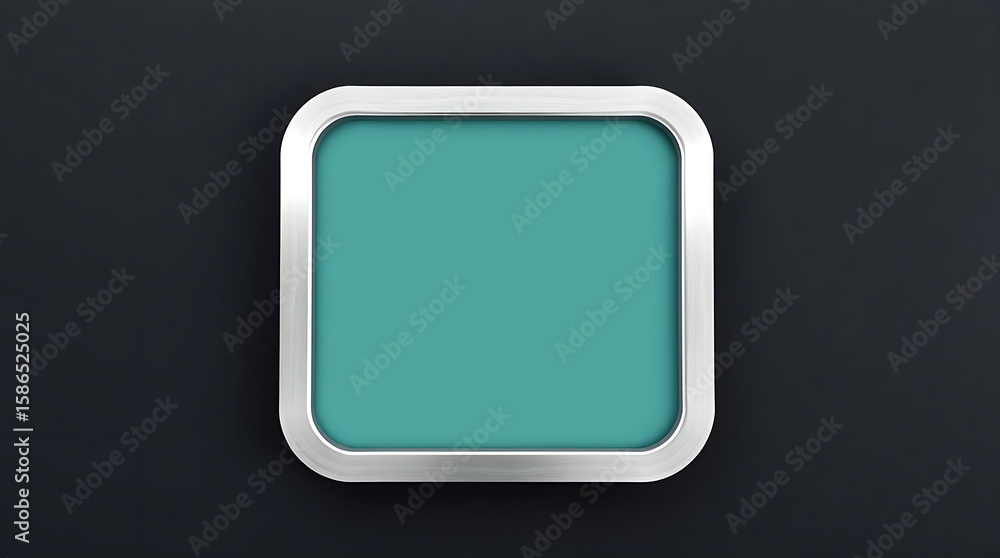 Poster a metallic square frame with rounded corners showcases a teal background on a dark surface
