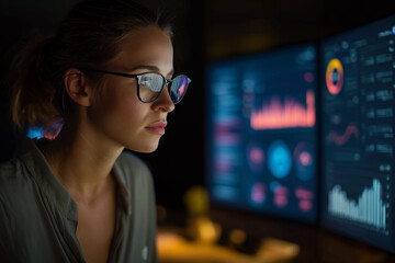 Naklejka premium A woman wearing glasses is looking at a computer monitor with a lot of data on i