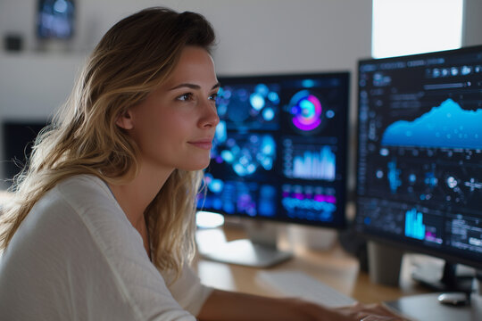 A woman is sitting at a desk in front of a large monitor
