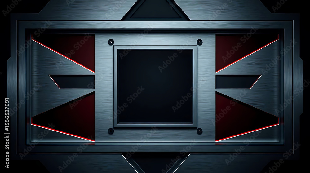 Poster a futuristic abstract background featuring a metallic frame with geometric shapes and red accents