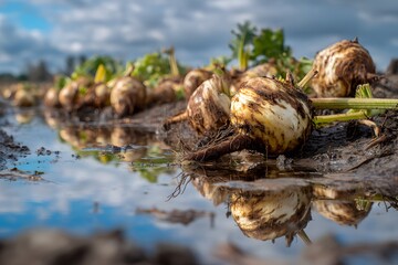 Earth-toned sugar beet harvest on ground high resolution picture