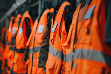 Row of high visibility vests hanging on hooks, ready for workers to wear