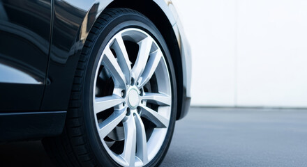 Sleek automobile wheel with silver spokes against a modern backdrop.