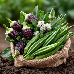 Earthy Okra And Eggplant Photography Scene high resolution image
