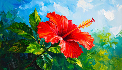 Oil painting of red hibiscus. Beautiful flower. Hand drawn art.