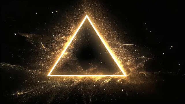 Gold triangle shape with glittering particles on a black background.