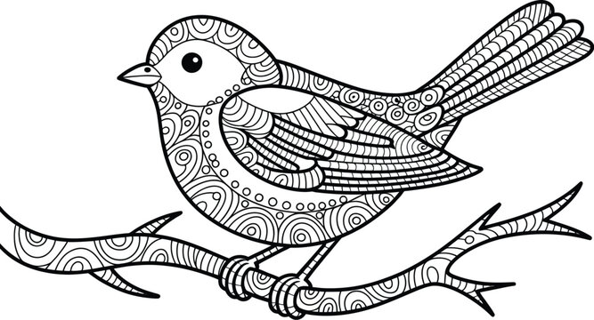 Detailed line art of a bird with intricate patterns perched on a branch ready for coloring page fun
