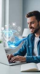 Smiling man typing on laptop with digital learning interface.