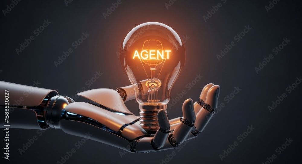 Poster a robot hand holds a lightbulb with the word agent inside