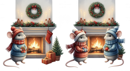 Two adorable mice wearing cozy winter hats and scarves stand by a festive fireplace with gifts and a christmas tree isolated on transparent background