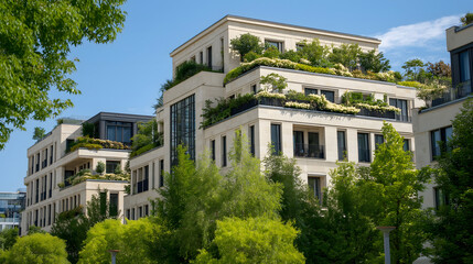 Fototapeta premium Contemporary Urban Living: Sustainable Modern Architecture of High-Rise Apartments with Green Spaces and Tree-lined Streets