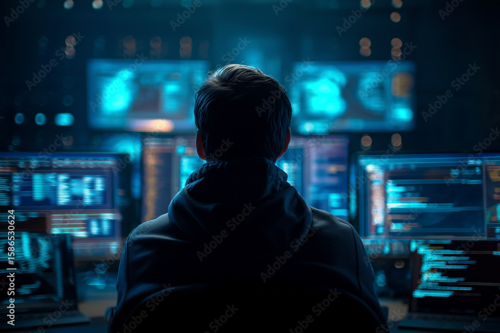 Poster a man is sitting in front of a computer monitor with a hood over his head