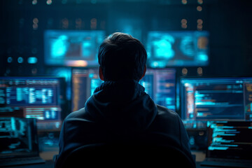 A man is sitting in front of a computer monitor with a hood over his head