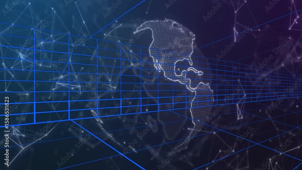 Poster emerging from sphere via grid lines, 3d globe rotating eastward revealing continents, data points