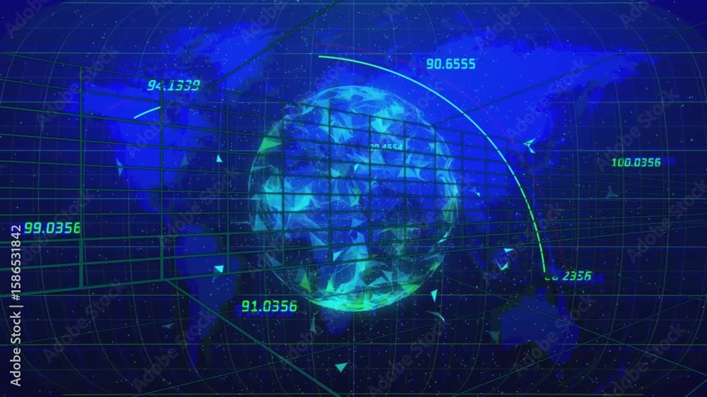 Poster interface opening data labels, grid appearing as arcs sweeping around rotating globe showing stats