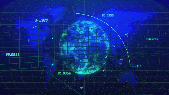 Interface opening data labels, grid appearing as arcs sweeping around rotating globe showing stats