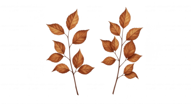 Two delicate branches with multiple brown autumn leaves showcasing detailed veins and serrated edges isolated on transparent background - Powered by Adobe