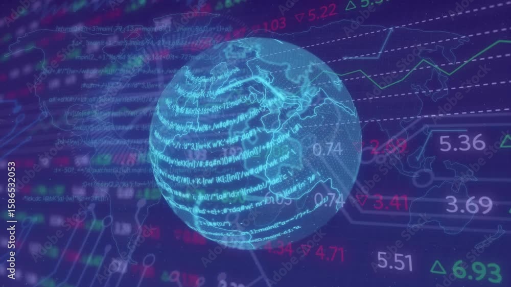 Poster On interface load 3D globe rotating right while scrolling data bands and visualizing market trends