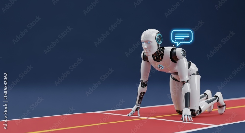 Poster a robot is ready to start a race and has a speech bubble