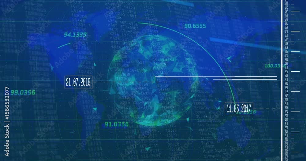 Poster rotating low-poly globe sending bright arcs on new date labels for visualizing data timeline