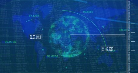 Rotating low-poly globe sending bright arcs on new date labels for visualizing data timeline - Powered by Adobe
