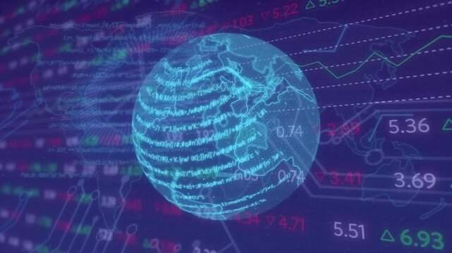 On interface load 3D globe rotating right while scrolling data bands and visualizing market trends