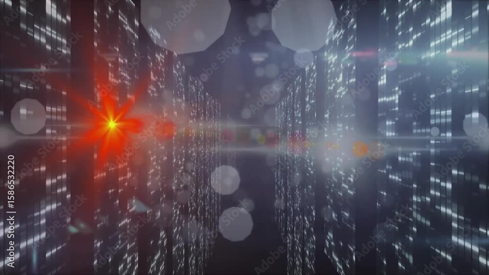 Poster camera starting gliding through corridor of panels and orbs as red flare pulsing visualizing flow