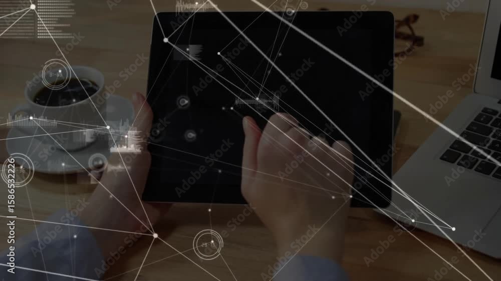 Aufkleber hands tapping and swiping tablet held animating overlay nodes and panels for exploring data
