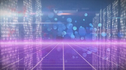 After neon pink beam materializing, translucent blue orbs floating forward illustrating data flow - Powered by Adobe