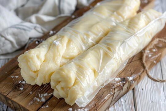 Braided pastry dough wrapped in plastic wrap, ready for freezing and baking