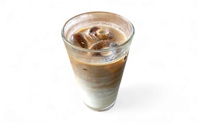 A glass of iced latte with visible layers of milk, coffee, and ice cubes against a white background.