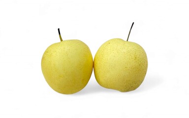 Two yellow pears sit side-by-side against a clean white background.