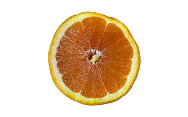A vibrant, juicy orange slice is centered against a clean white background. The fruit's texture and...