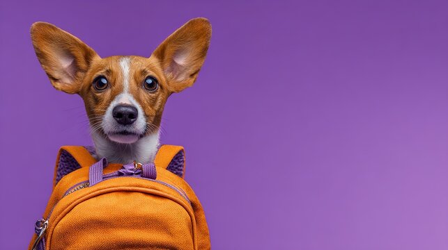 Adorable dog with backpack on purple backdrop, showcasing innocence and back-to-school charm with its vibrant color palette