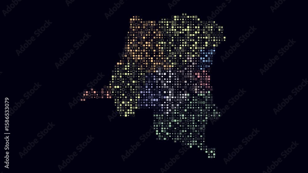 Poster democratic republic of the congo dotted animation. shape of the country build of pulsating colored d