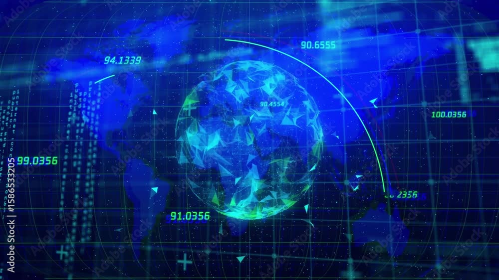Poster sphere appearing triggers globe rotating, arcs drawing and code sliding visualizing data flow