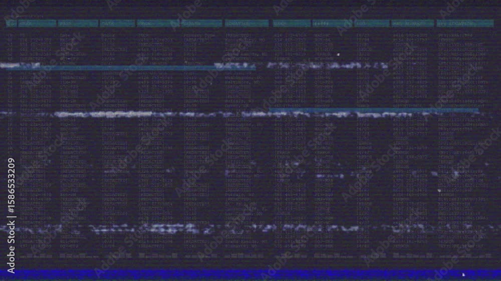 Poster flickering static bands growing while turquoise bars forming and code scrolling up simulating noise