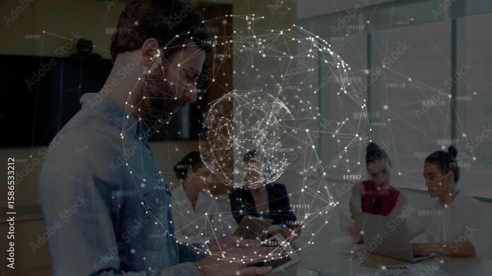 Poster man tapping tablet in tech meeting room, showing rotating network globe while team reviewing data